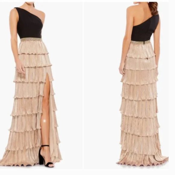 MAC DUGGAL 26541 ONE SHOULDER METALLIC RUFFLE BLACK GOLD GOWN sz 2 - Picture 3 of 3